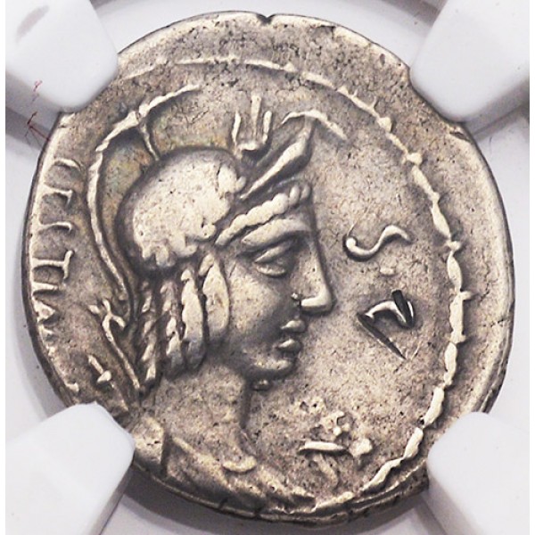 NGC VF M. Plaetorius Cestianus Ancient Roman Silver Denarius Coin circa 69 or 57 B.C.